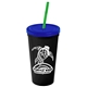 a black cup & translucent blue lid & translucent green straw promotional personalized 24 oz stadium plastic tumbler cup with straw and lid