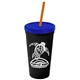 a black cup & translucent blue lid & translucent orange straw promotional personalized 24 oz stadium plastic tumbler cup with straw and lid