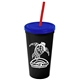 a black cup & translucent blue lid & translucent red straw promotional personalized 24 oz stadium plastic tumbler cup with straw and lid