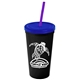 a black cup & translucent blue lid & translucent violet straw promotional personalized 24 oz stadium plastic tumbler cup with straw and lid