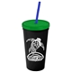 a black cup & translucent green lid & translucent blue straw promotional personalized 24 oz stadium plastic tumbler cup with straw and lid