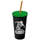 a black cup & translucent green lid & translucent orange straw promotional personalized 24 oz stadium plastic tumbler cup with straw and lid