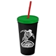 a black cup & translucent green lid & translucent red straw promotional personalized 24 oz stadium plastic tumbler cup with straw and lid