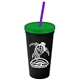 a black cup & translucent green lid & translucent violet straw promotional personalized 24 oz stadium plastic tumbler cup with straw and lid