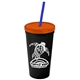 a black cup & translucent orange lid & translucent blue straw promotional personalized 24 oz stadium plastic tumbler cup with straw and lid