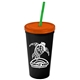 a black cup & translucent orange lid & translucent green straw promotional personalized 24 oz stadium plastic tumbler cup with straw and lid