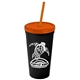 a black cup & translucent orange lid & translucent orange straw promotional personalized 24 oz stadium plastic tumbler cup with straw and lid