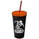 a black cup & translucent orange lid & translucent red straw promotional personalized 24 oz stadium plastic tumbler cup with straw and lid