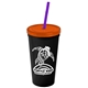a black cup & translucent orange lid & translucent violet straw promotional personalized 24 oz stadium plastic tumbler cup with straw and lid