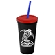 a black cup & translucent red lid & translucent blue straw promotional personalized 24 oz stadium plastic tumbler cup with straw and lid