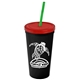 a black cup & translucent red lid & translucent green straw promotional personalized 24 oz stadium plastic tumbler cup with straw and lid