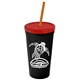 a black cup & translucent red lid & translucent orange straw promotional personalized 24 oz stadium plastic tumbler cup with straw and lid