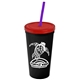 a black cup & translucent red lid & translucent violet straw promotional personalized 24 oz stadium plastic tumbler cup with straw and lid