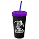 a black cup & translucent violet lid & translucent blue straw promotional personalized 24 oz stadium plastic tumbler cup with straw and lid