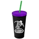 a black cup & translucent violet lid & translucent green straw promotional personalized 24 oz stadium plastic tumbler cup with straw and lid