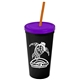 a black cup & translucent violet lid & translucent orange straw promotional personalized 24 oz stadium plastic tumbler cup with straw and lid