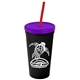 a black cup & translucent violet lid & translucent red straw promotional personalized 24 oz stadium plastic tumbler cup with straw and lid