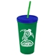 a green cup & translucent blue lid & translucent green straw promotional personalized 24 oz stadium plastic tumbler cup with straw and lid