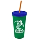 a green cup & translucent blue lid & translucent orange straw promotional personalized 24 oz stadium plastic tumbler cup with straw and lid