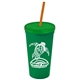 a green cup & translucent green lid & translucent orange straw promotional personalized 24 oz stadium plastic tumbler cup with straw and lid