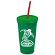a green cup & translucent green lid & translucent red straw promotional personalized 24 oz stadium plastic tumbler cup with straw and lid