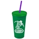 a green cup & translucent green lid & translucent violet straw promotional personalized 24 oz stadium plastic tumbler cup with straw and lid