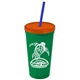 a green cup & translucent orange lid & translucent blue straw promotional personalized 24 oz stadium plastic tumbler cup with straw and lid