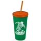 a green cup & translucent orange lid & translucent orange straw promotional personalized 24 oz stadium plastic tumbler cup with straw and lid