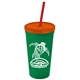 a green cup & translucent orange lid & translucent red straw promotional personalized 24 oz stadium plastic tumbler cup with straw and lid