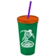 a green cup & translucent orange lid & translucent violet straw promotional personalized 24 oz stadium plastic tumbler cup with straw and lid