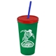 a green cup & translucent red lid & translucent blue straw promotional personalized 24 oz stadium plastic tumbler cup with straw and lid