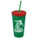 a green cup & translucent red lid & translucent green straw promotional personalized 24 oz stadium plastic tumbler cup with straw and lid