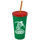 a green cup & translucent red lid & translucent orange straw promotional personalized 24 oz stadium plastic tumbler cup with straw and lid