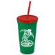 a green cup & translucent red lid & translucent red straw promotional personalized 24 oz stadium plastic tumbler cup with straw and lid