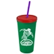 a green cup & translucent red lid & translucent violet straw promotional personalized 24 oz stadium plastic tumbler cup with straw and lid