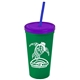 a green cup & translucent violet lid & translucent blue straw promotional personalized 24 oz stadium plastic tumbler cup with straw and lid