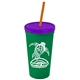 a green cup & translucent violet lid & translucent orange straw promotional personalized 24 oz stadium plastic tumbler cup with straw and lid