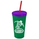 a green cup & translucent violet lid & translucent red straw promotional personalized 24 oz stadium plastic tumbler cup with straw and lid