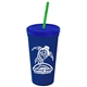 a navy blue cup & translucent blue lid & translucent green straw promotional personalized 24 oz stadium plastic tumbler cup with straw and lid