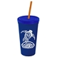 a navy blue cup & translucent blue lid & translucent orange straw promotional personalized 24 oz stadium plastic tumbler cup with straw and lid