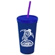 a navy blue cup & translucent blue lid & translucent violet straw promotional personalized 24 oz stadium plastic tumbler cup with straw and lid