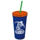 a navy blue cup & translucent orange lid & translucent green straw promotional personalized 24 oz stadium plastic tumbler cup with straw and lid
