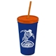 a navy blue cup & translucent orange lid & translucent orange straw promotional personalized 24 oz stadium plastic tumbler cup with straw and lid