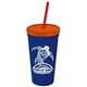 a navy blue cup & translucent orange lid & translucent red straw promotional personalized 24 oz stadium plastic tumbler cup with straw and lid