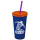 a navy blue cup & translucent orange lid & translucent violet straw promotional personalized 24 oz stadium plastic tumbler cup with straw and lid