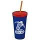 a navy blue cup & translucent red lid & translucent orange straw promotional personalized 24 oz stadium plastic tumbler cup with straw and lid