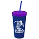 a navy blue cup & translucent violet lid & translucent blue straw promotional personalized 24 oz stadium plastic tumbler cup with straw and lid
