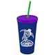 a navy blue cup & translucent violet lid & translucent green straw promotional personalized 24 oz stadium plastic tumbler cup with straw and lid