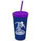 a navy blue cup & translucent violet lid & translucent violet straw promotional personalized 24 oz stadium plastic tumbler cup with straw and lid