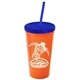 a orange cup & translucent blue lid & translucent blue straw promotional personalized 24 oz stadium plastic tumbler cup with straw and lid